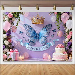 Lofaris Fond de Cake Smash Anniversaire Papillon Bleu et Couronne d'Or, Décor de Fête Florale Princesse