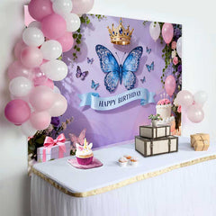 Lofaris Fond de Cake Smash Anniversaire Papillon Mauve Lavande et Couronne, Décor Floral Rose Élégant