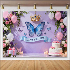 Lofaris Fond de Cake Smash Anniversaire Papillon Mauve Lavande et Couronne, Décor Floral Rose Élégant