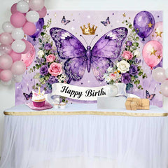 Lofaris Fond de Cake Smash Anniversaire Papillon Violet Magique et Couronne, Ballons Roses et Fleurs