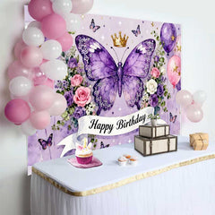 Lofaris Fond de Cake Smash Anniversaire Papillon Violet Magique et Couronne, Ballons Roses et Fleurs