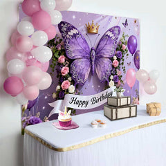 Lofaris Fond de Cake Smash Anniversaire Papillon Violet Élégant, Couronne Dorée et Décor de Fête Floral