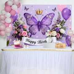 Lofaris Fond de Cake Smash Anniversaire Papillon Violet et Couronne, Décor de Fête pour Filles