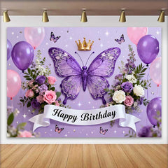 Lofaris Fond de Cake Smash Anniversaire Papillon Violet et Couronne, Décor de Fête pour Filles