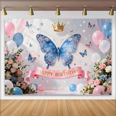 Lofaris Fond de Cake Smash Anniversaire Papillon Bleu Magique et Couronne d'Or, Décor pour Petites Filles
