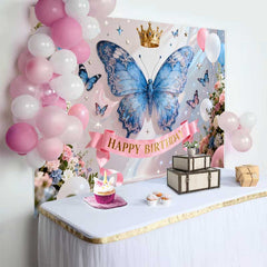 Lofaris Fond de Cake Smash Anniversaire Papillon Bleu Étincelant et Couronne d'Or, Décor Fée Princesse