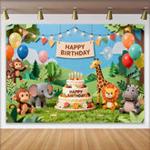 Lofaris Fond d'Anniversaire Animaux de la Jungle Safari en Papier Découpé avec Gâteau, Décor Thème Wild One