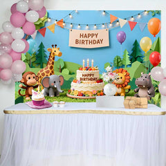 Lofaris Fond d'Anniversaire Animaux de la Jungle Safari Mignons avec Gâteau et Ballons Colorés pour Fête d'Enfants