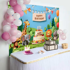 Lofaris Fond d'Anniversaire Animaux de la Jungle Safari Mignons avec Gâteau et Ballons Colorés pour Fête d'Enfants