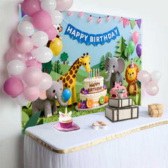Lofaris Fond d'Anniversaire Animaux de la Jungle Safari en Dessin Animé, Gâteau et Ballons Décor de Fête