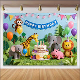 Lofaris Fond d'Anniversaire Animaux de la Jungle Safari en Dessin Animé, Gâteau et Ballons Décor de Fête
