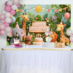 Lofaris Fond d'Anniversaire Animaux de la Jungle Safari avec Éléphant Girafe Lion, Décor de Fête