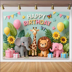 Lofaris Fond d'Anniversaire Animaux de la Jungle Safari Mignons, Décor de Fête avec Ballons et Cadeaux
