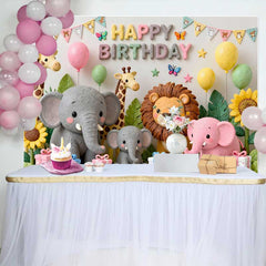 Lofaris Fond d'Anniversaire Animaux du Safari Mignons avec Girafe Éléphant Lion, Thème Jungle Pastel