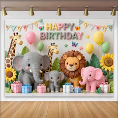 Lofaris Fond d'Anniversaire Animaux du Safari Mignons avec Girafe Éléphant Lion, Thème Jungle Pastel