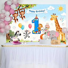 Lofaris Fond de Premier Anniversaire Animaux de la Jungle Safari, avec Chiffre Un et Bannière Joyeux Anniversaire