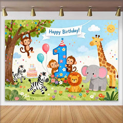 Lofaris Fond de Premier Anniversaire Animaux de la Jungle Safari, Bannière Joyeux Anniversaire et Chiffre Un