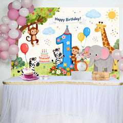 Lofaris Fond de Premier Anniversaire Animaux du Safari, avec Amis de la Jungle Mignons et Chiffre Un