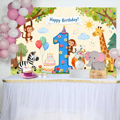Lofaris Fond de Premier Anniversaire Animaux de la Jungle Aquarelle, Décor de Fête Chiffre 1 pour Bébé