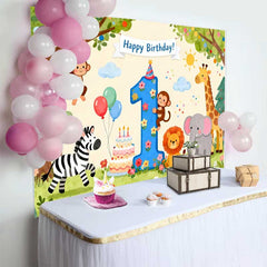 Lofaris Fond de Premier Anniversaire Animaux de la Jungle Aquarelle, Décor de Fête Chiffre 1 pour Bébé