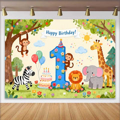 Lofaris Fond de Premier Anniversaire Animaux de la Jungle Aquarelle, Décor de Fête Chiffre 1 pour Bébé
