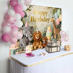Lofaris Fond d'Anniversaire Animaux de la Jungle Safari, Éléphant Lion Girafe Aquarelle et Ballons