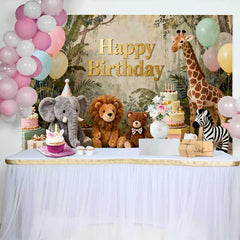 Lofaris Fond d'Anniversaire Animaux du Safari Jungle Or avec Éléphant, Lion et Girafe, Décor de Fête