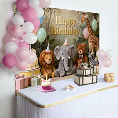 Lofaris Fond d'Anniversaire Animaux du Safari Jungle Doré, Ballons Pastel Fantaisistes et Gâteau pour Enfants