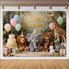 Lofaris Fond d'Anniversaire Animaux du Safari Jungle Doré, Ballons Pastel Fantaisistes et Gâteau pour Enfants