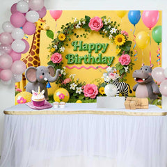 Lofaris Fond d'Anniversaire Animaux du Safari Jungle avec Couronne Florale, Décor de Fête pour Enfants