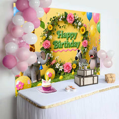 Lofaris Fond d'Anniversaire Animaux du Safari Jungle avec Couronne Florale, Décor de Fête pour Enfants