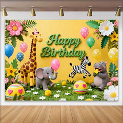 Lofaris Fond d'Anniversaire Animaux du Safari Mignons avec Girafe Éléphant et Zèbre, Décor de Fête