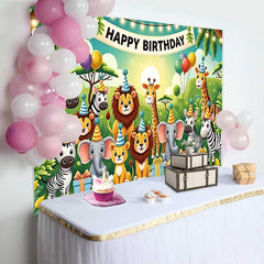 Lofaris Fond d'Anniversaire Animaux du Safari Jungle Adorable, avec Bannière et Chapeaux de Fête