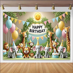 Lofaris Fond d'Anniversaire Animaux de la Jungle Fantaisistes avec Ballons Pastel et Gâteaux, Décor de Fête
