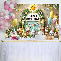 Lofaris Fond d'Anniversaire Animaux du Safari Jungle Adorable avec Enseigne et Ballons, Décor de Fête