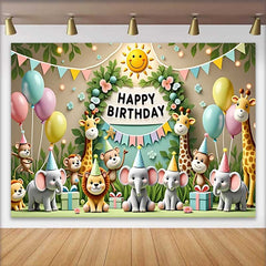 Lofaris Fond d'Anniversaire Animaux du Safari Jungle Adorable avec Enseigne et Ballons, Décor de Fête