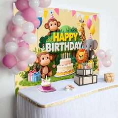 Lofaris Fond d'Anniversaire Animaux du Safari Jungle Adorable avec Gâteau et Ballons, Décor Wild One