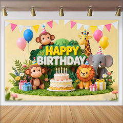 Lofaris Fond d'Anniversaire Animaux du Safari Jungle Adorable avec Gâteau et Ballons, Décor Wild One