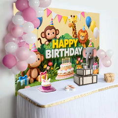 Lofaris Fond d'Anniversaire Animaux de la Jungle Colorés, Thème Safari Gâteau et Ballons