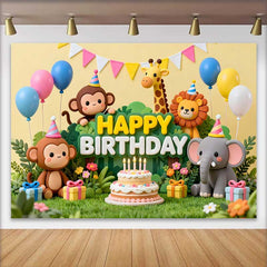 Lofaris Fond d'Anniversaire Animaux de la Jungle Colorés, Thème Safari Gâteau et Ballons