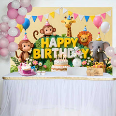 Lofaris Fond d'Anniversaire Animaux de la Jungle Mignons avec Gâteau et Ballons, Décor Thème Safari