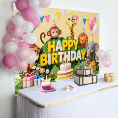 Lofaris Fond d'Anniversaire Animaux de la Jungle Mignons avec Gâteau et Ballons, Décor Thème Safari