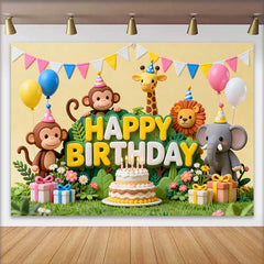 Lofaris Fond d'Anniversaire Animaux de la Jungle Mignons avec Gâteau et Ballons, Décor Thème Safari