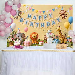 Lofaris Fond d'Anniversaire Animaux de la Jungle Fantaisistes avec Éléphant, Lion, Singe et Girafe
