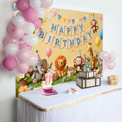 Lofaris Fond d'Anniversaire Animaux de la Jungle Fantaisistes avec Éléphant, Lion, Singe et Girafe