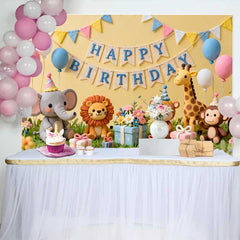 Lofaris Fond d'Anniversaire Jaune avec Animaux du Safari Mignons, Ballons Pastel et Cadeaux pour Enfants