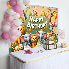 Lofaris Fond d'Anniversaire Animaux du Safari en Dessin Animé, avec Lions, Éléphants et Zèbre