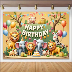 Lofaris Fond d'Anniversaire Animaux du Safari en Dessin Animé, avec Lions, Éléphants et Zèbre