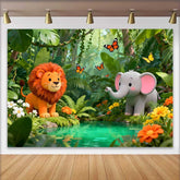 Lofaris Fond d'Anniversaire Jungle Lion et Éléphant en Dessin Animé, Décor d'Aventure Safari Sauvage