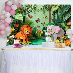 Lofaris Fond d'Anniversaire Jungle Safari en Papier Découpé avec Lion, Éléphant et Papillons pour Enfants